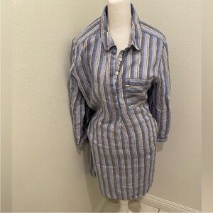 Caslon Striped 100% Linen Tunic Shirt Dress Blue White Orange Size Large
